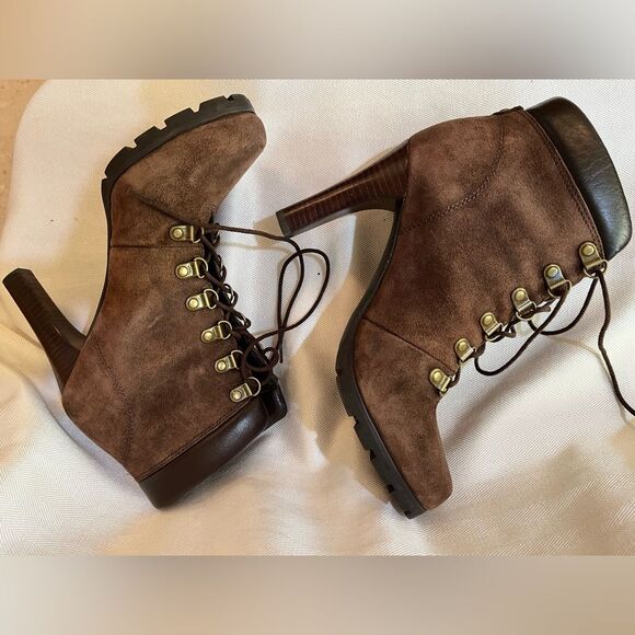 Ralph Lauren Darby dark brown‎ oiled suede Napa high heel lace up boot size 7 - Picture 1 of 12